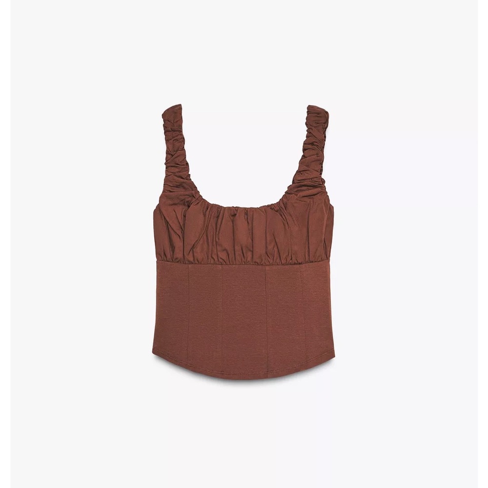 NWT ZARA Mixed Interlock Poplin Top - S - Brown NEW